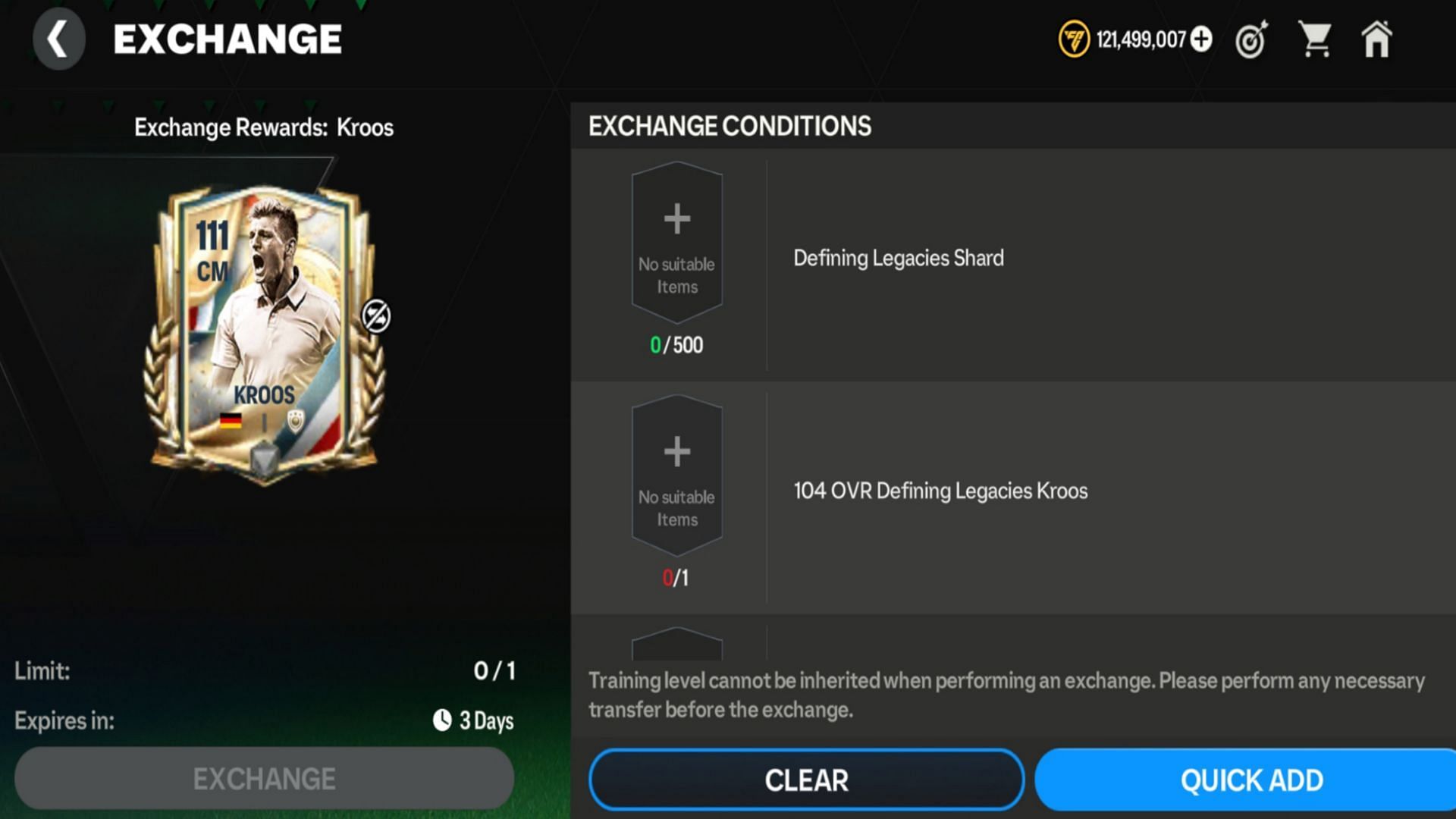 Snippet showing EA FC Mobile Defining Legacies Toni Kroos exchange requirements (Image via EA Sports)